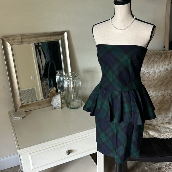 NWT VTG deadstock Rugby RL Tartan plaid peplum wool mini strapless Dress 10 - Picture 2 of 16